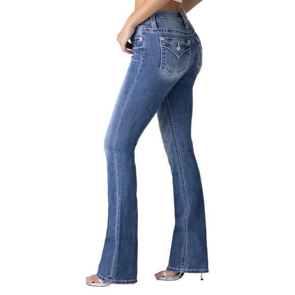 MISS ME Womens Classic Stitch Blue Denim Bootcut Jeans Five Pocket Zip Fly Sz 28 - Picture 1 of 16